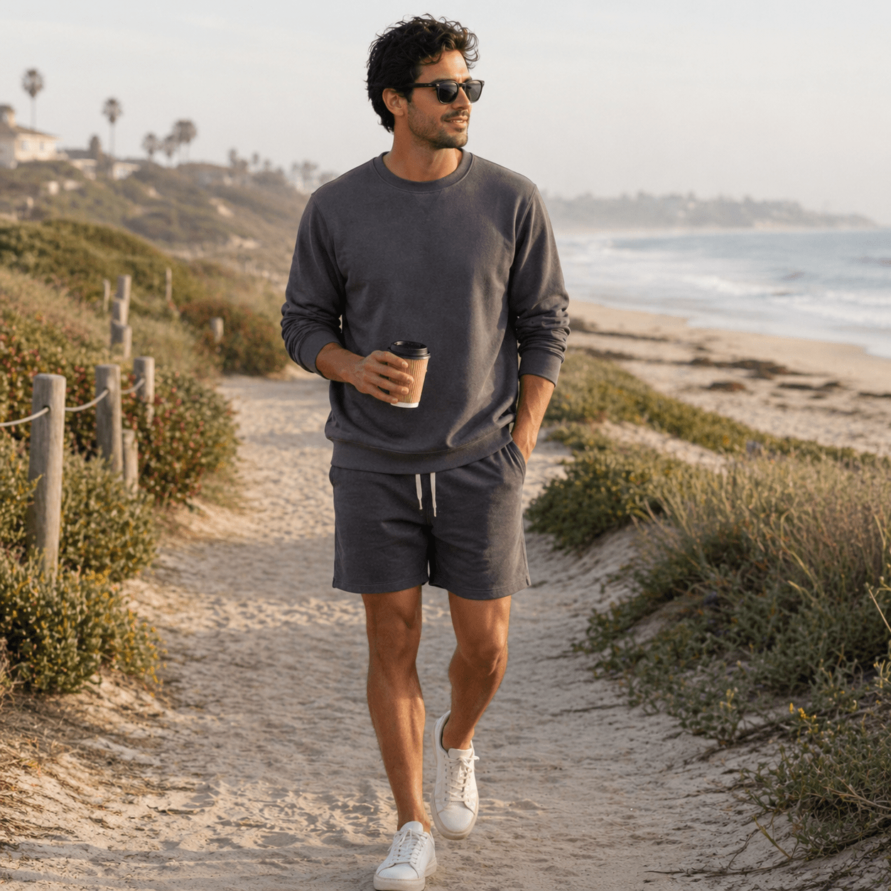 Man walking along a beach path holding a coffee cup, wearing sunglasses and casual clothing.