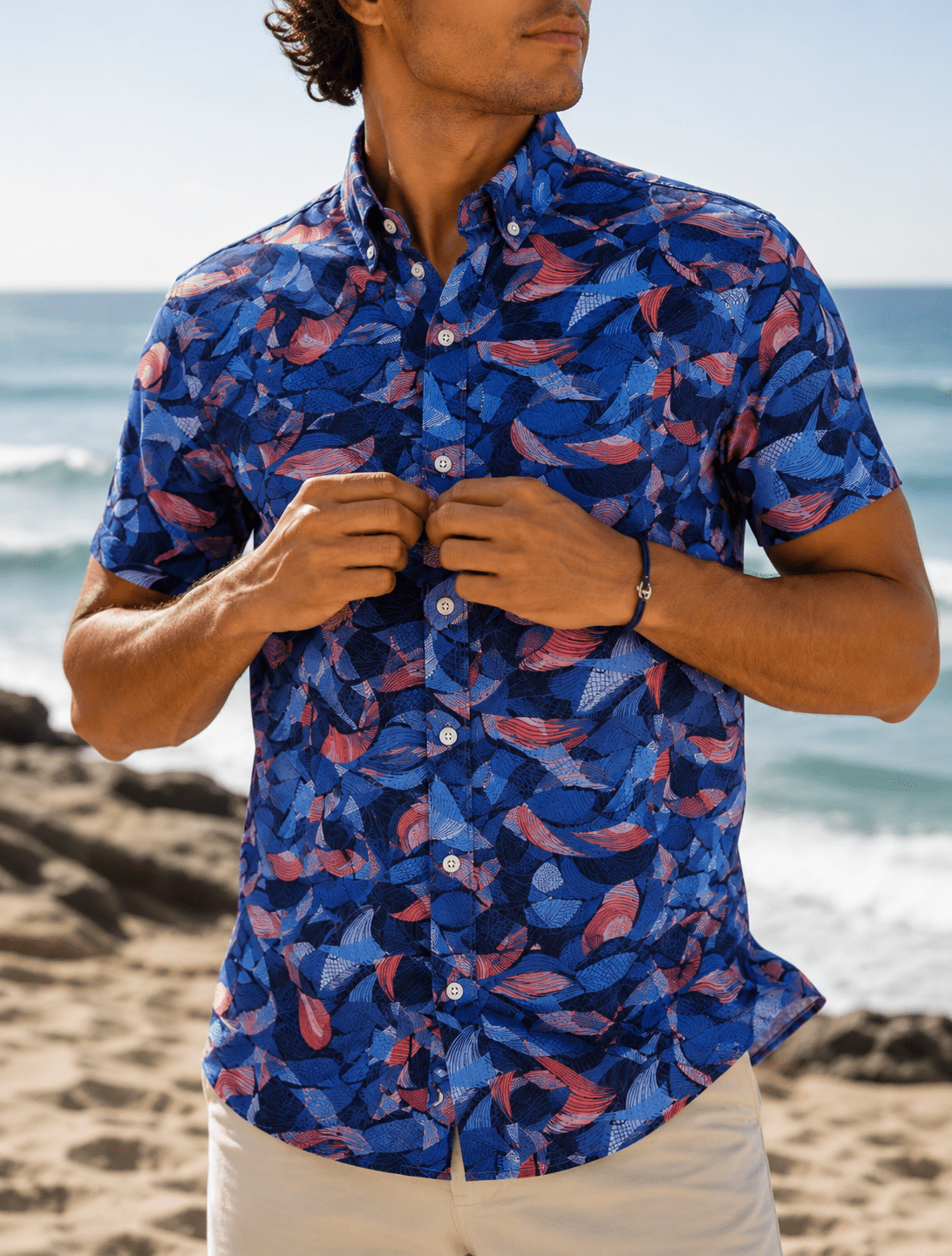 Leaves & Layers Woven Shirt – Navy - Buoy & Boat - Short Sleeve Performance Button Down - Navy