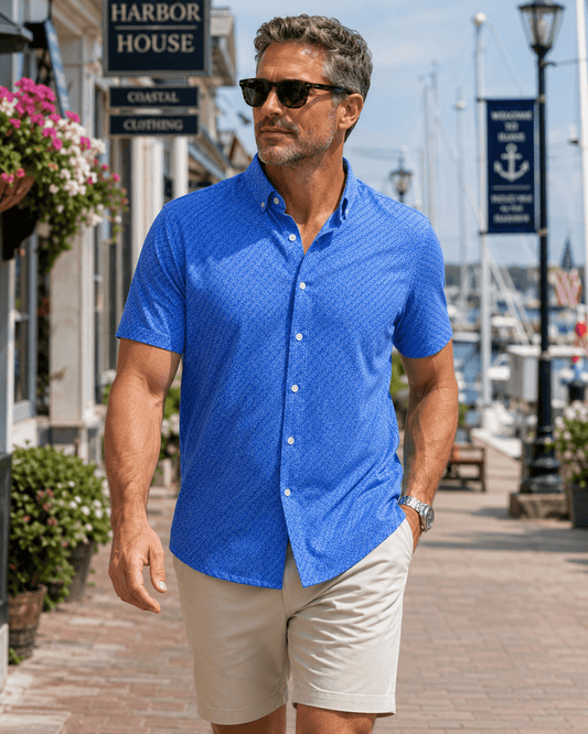 Wave Woven Shirt - Blue - Buoy & Boat - Short Sleeve Performance Button Down - Blue