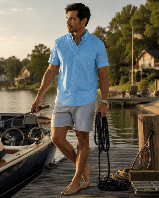 Wave Woven Shirt - Aqua - Buoy & Boat - Short Sleeve Performance Button Down - Aqua