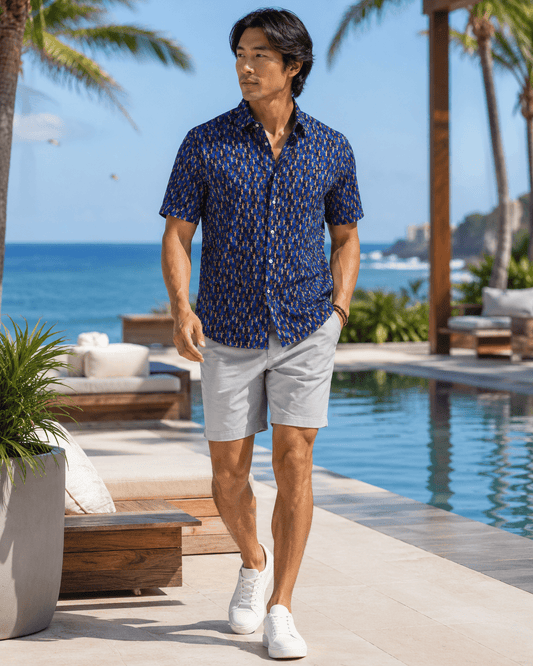 Hula Pineapples Woven Shirt - Navy - Buoy & Boat - Short Sleeve Performance Button Down - Navy