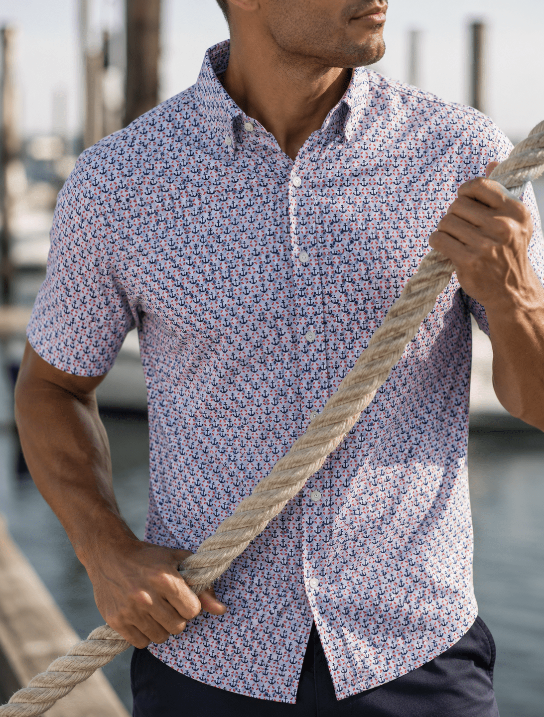 Anchors and Rings Woven Shirt - Blue - Buoy & Boat - Short Sleeve Performance Button Down - Blue