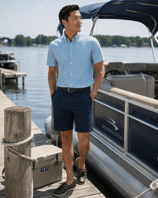 Anchors and Rings Woven Shirt - Aqua - Buoy & Boat - Short Sleeve Performance Button Down - Aqua