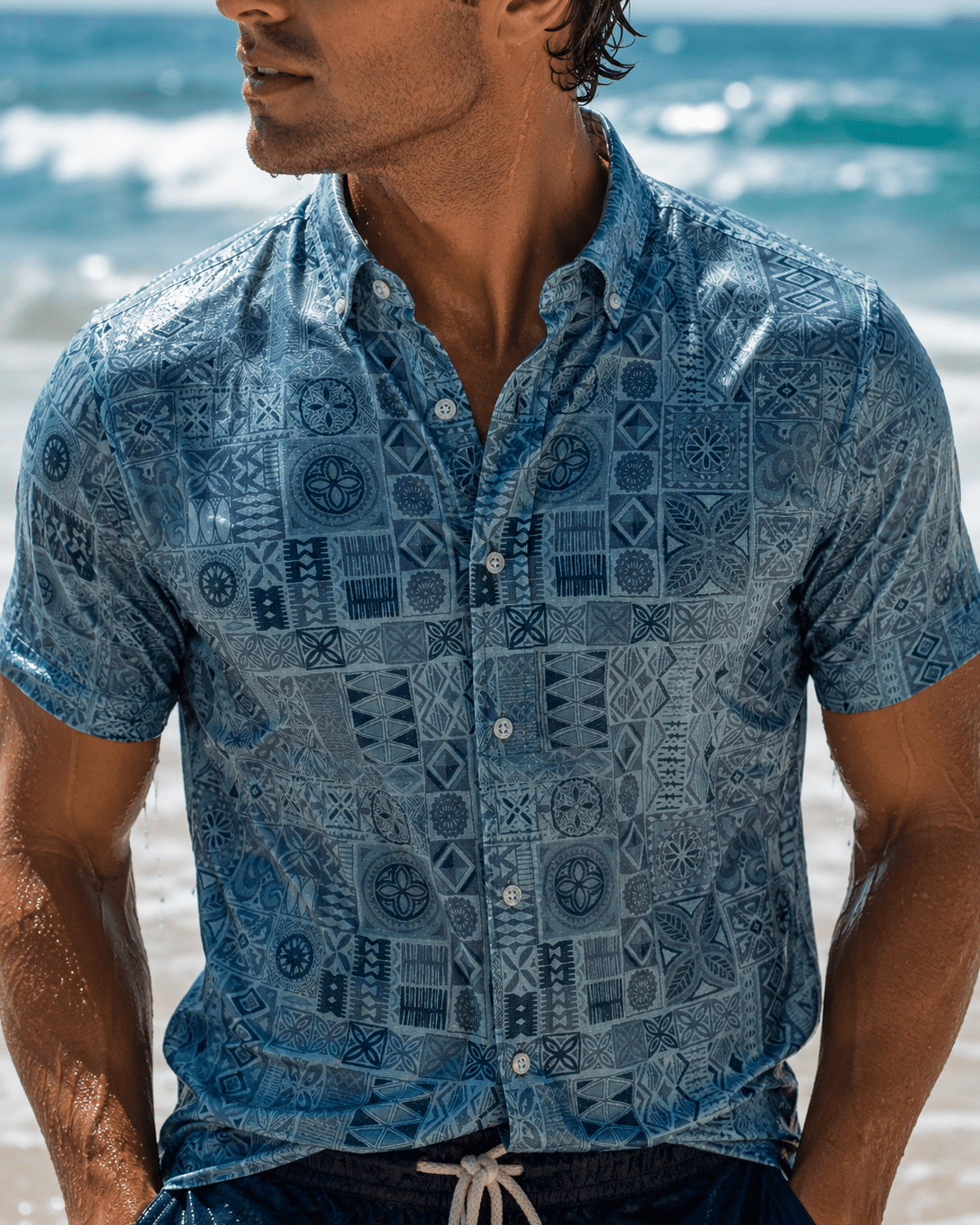 Tribal Tiles Woven Shirt - Blue - Buoy & Boat - Short Sleeve Performance Button Down - Blue