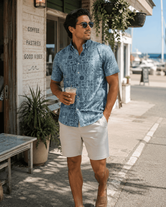 Tribal Tiles Woven Shirt - Blue - Buoy & Boat - Short Sleeve Performance Button Down - Blue