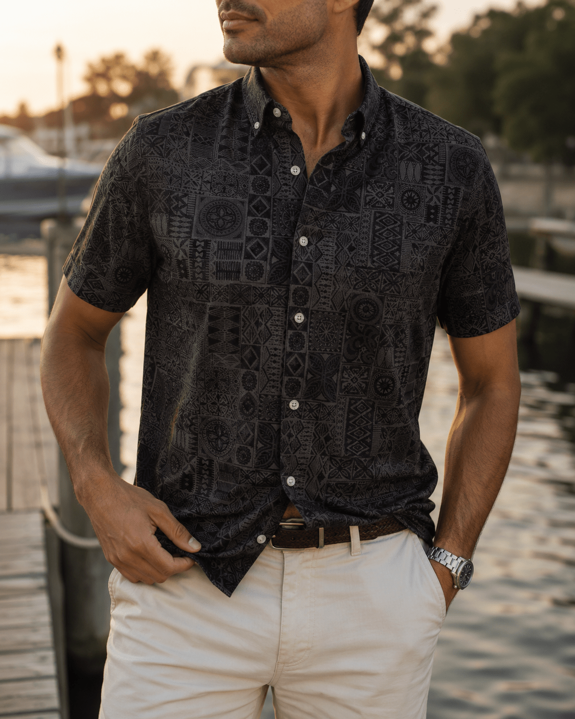Tribal Tiles Woven Shirt - Black - Buoy & Boat - Short Sleeve Performance Button Down - Black