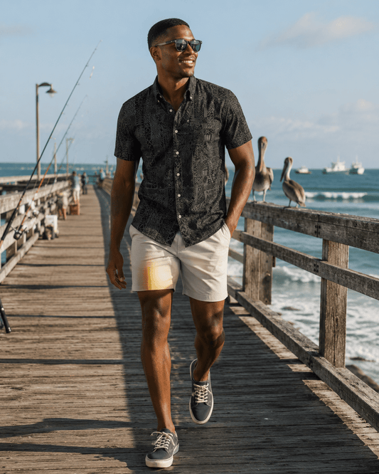 Tribal Tiles Woven Shirt - Black - Buoy & Boat - Short Sleeve Performance Button Down - Black