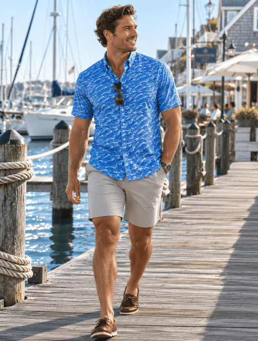 Tidal Woven Shirt - Blue - Buoy & Boat - Short Sleeve Performance Button Down - Blue