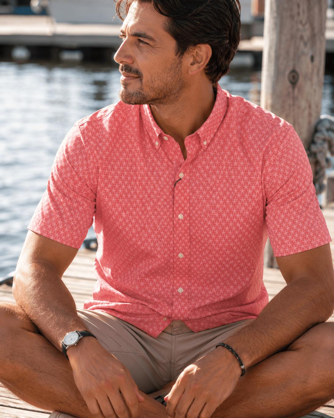 Starfish Woven Shirt - Melon - Buoy & Boat - Short Sleeve Performance Button Down - Melon