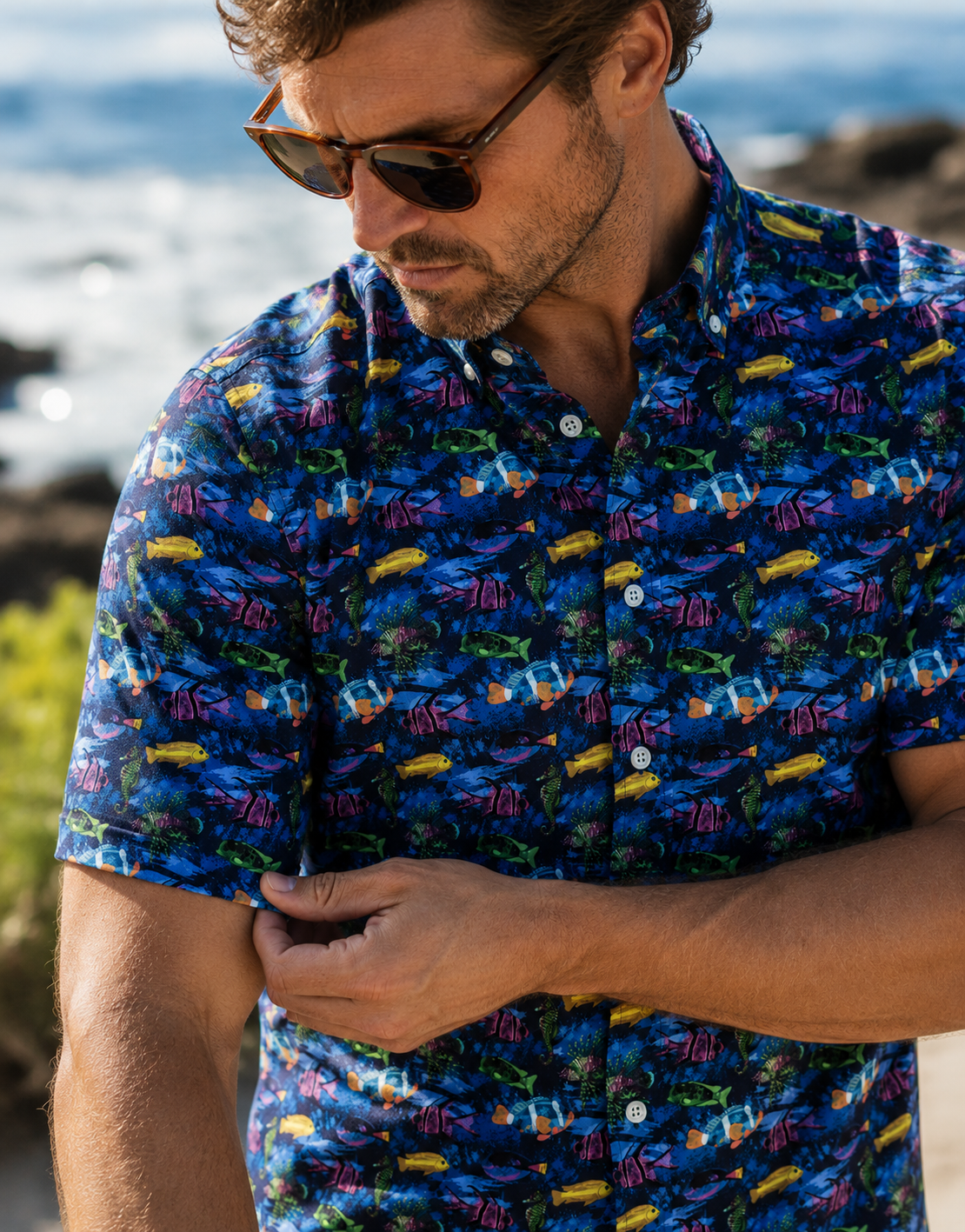 Fish Woven Shirt - Navy - Buoy & Boat - Short Sleeve Performance Button Down - Navy