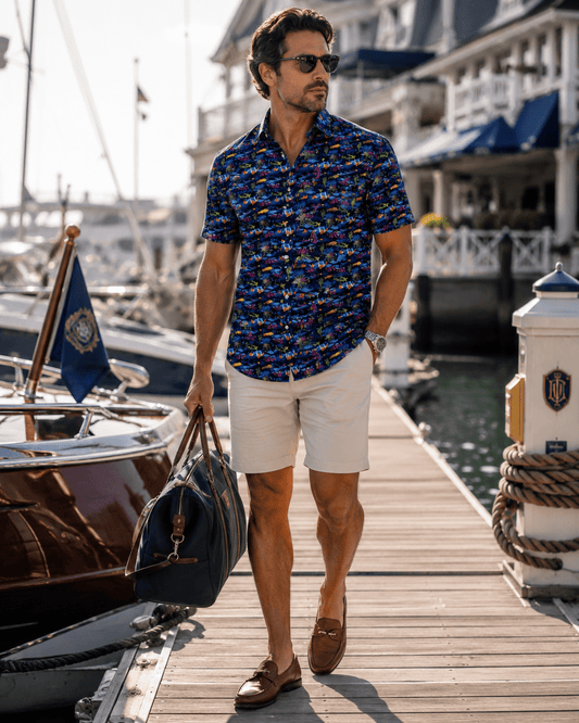 Fish Woven Shirt - Navy - Buoy & Boat - Short Sleeve Performance Button Down - Navy