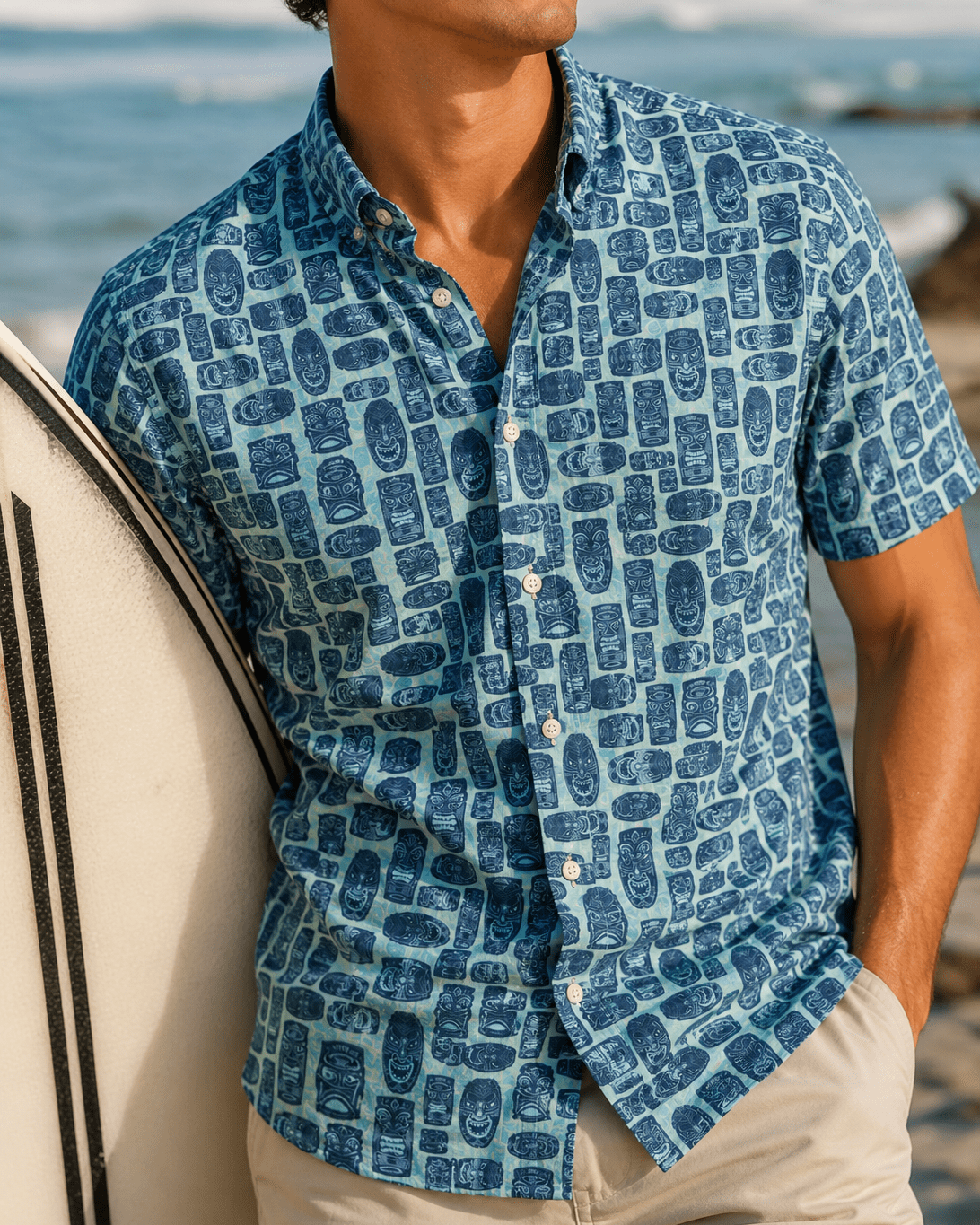 Tribal Masks Woven Shirt - Mint - Buoy & Boat - Short Sleeve Performance Button Down - Mint