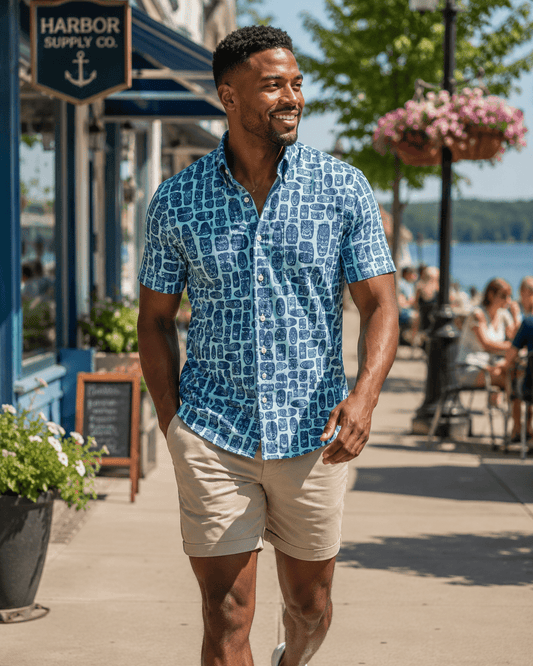 Tribal Masks Woven Shirt - Mint - Buoy & Boat - Short Sleeve Performance Button Down - Mint