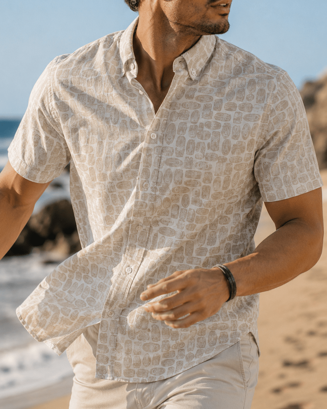 Tribal Masks Woven Shirt - Ivory - Buoy & Boat - Short Sleeve Performance Button Down - Beige
