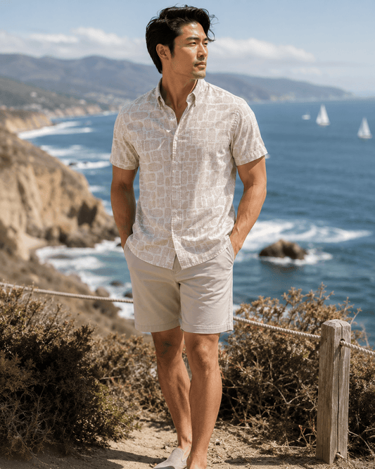 Tribal Masks Woven Shirt - Ivory - Buoy & Boat - Short Sleeve Performance Button Down - Beige