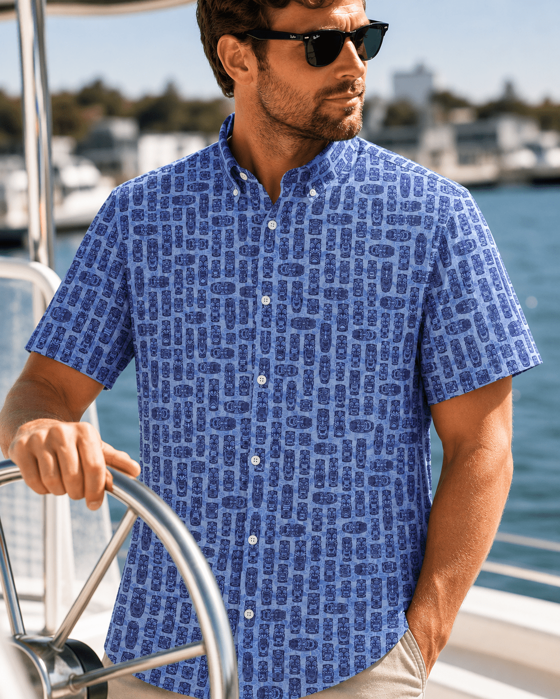 Tribal Masks Woven Shirt - Blue - Buoy & Boat - Short Sleeve Performance Button Down - Blue