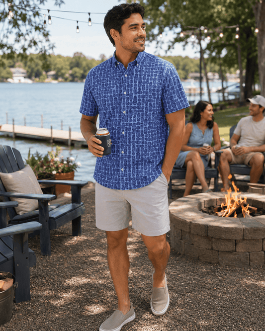 Tribal Masks Woven Shirt - Blue - Buoy & Boat - Short Sleeve Performance Button Down - Blue