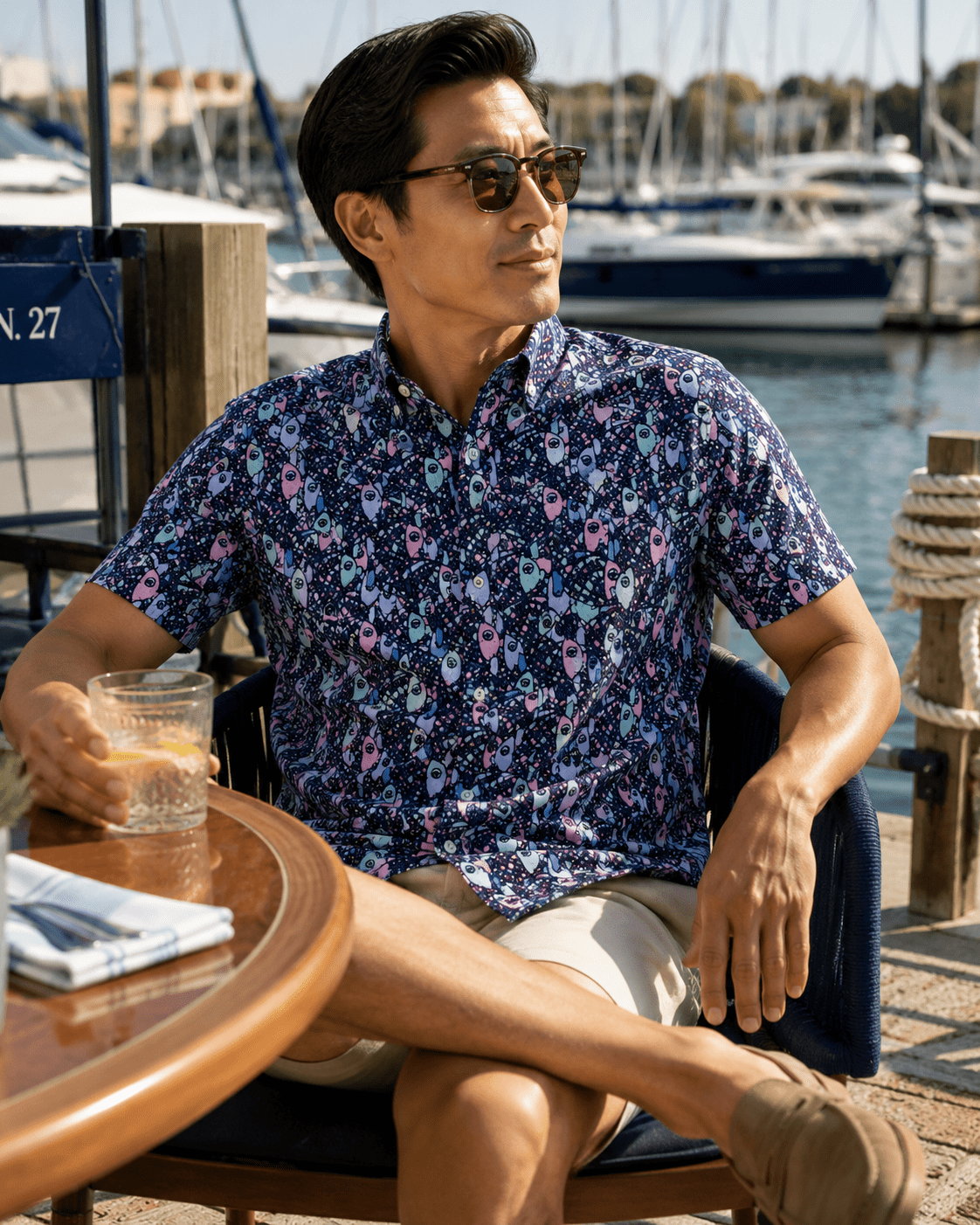 Abstract Fish Woven Shirt - Navy - Buoy & Boat - Short Sleeve Performance Button Down - Navy