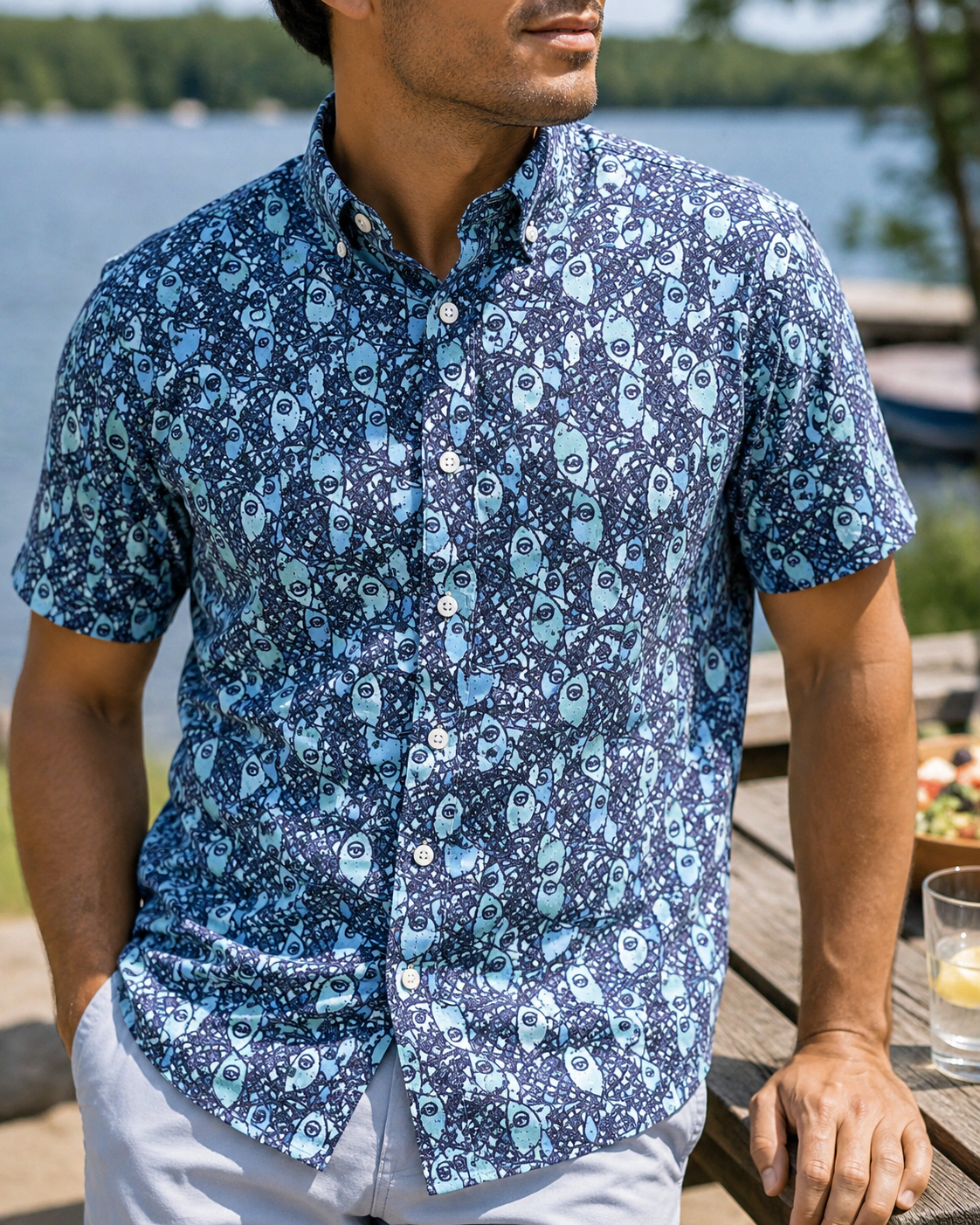Abstract Fish Woven Shirt - Aqua - Buoy & Boat - Short Sleeve Performance Button Down - Aqua