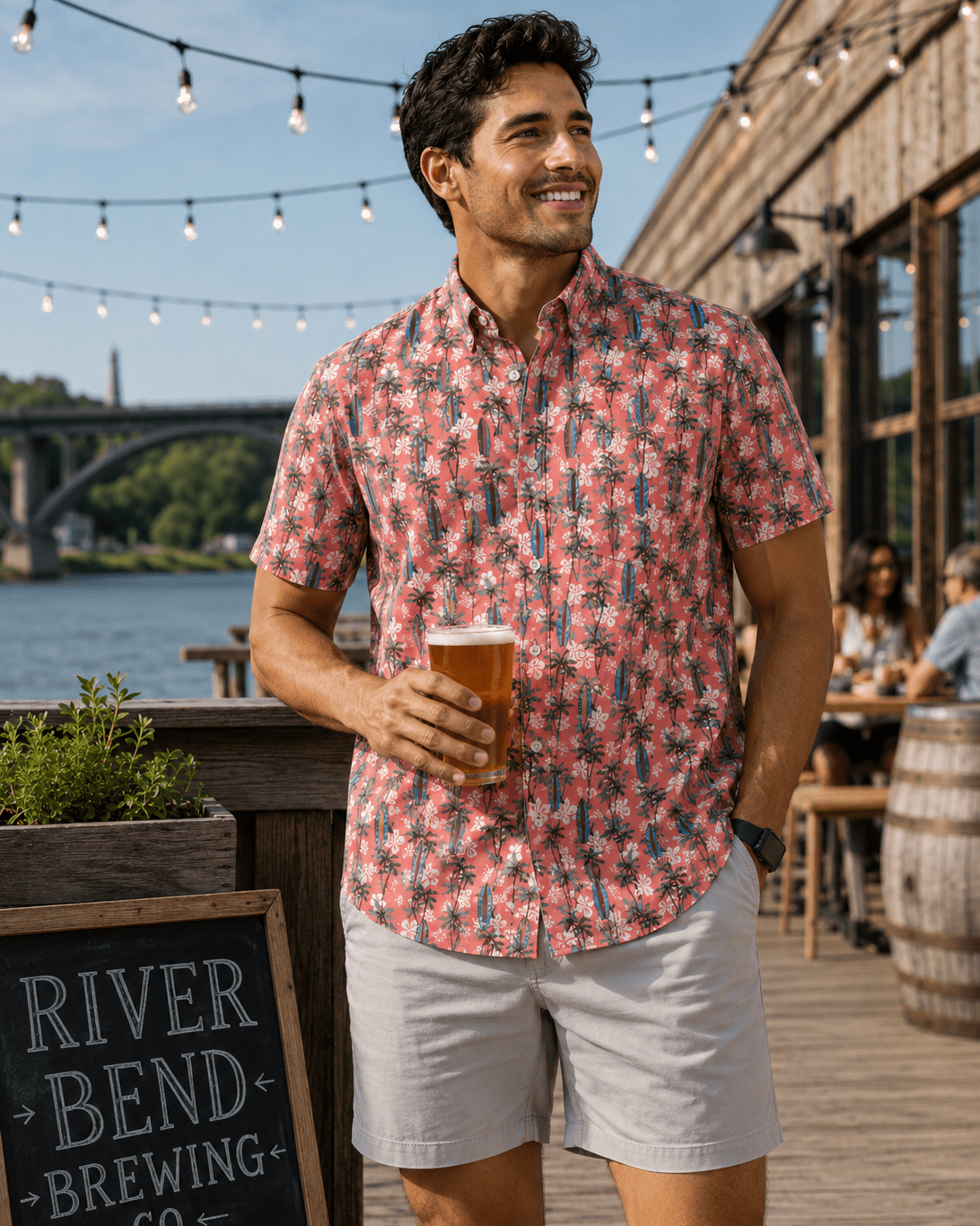 Tropical Surf Woven Shirt - Coral - Buoy & Boat - Short Sleeve Performance Button Down - Coral