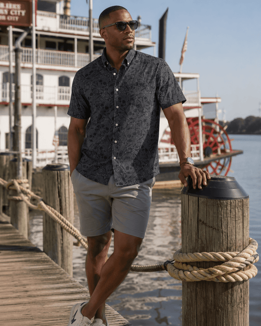 Paisley Skull Woven Shirt - Black - Buoy & Boat - Short Sleeve Performance Button Down - Black