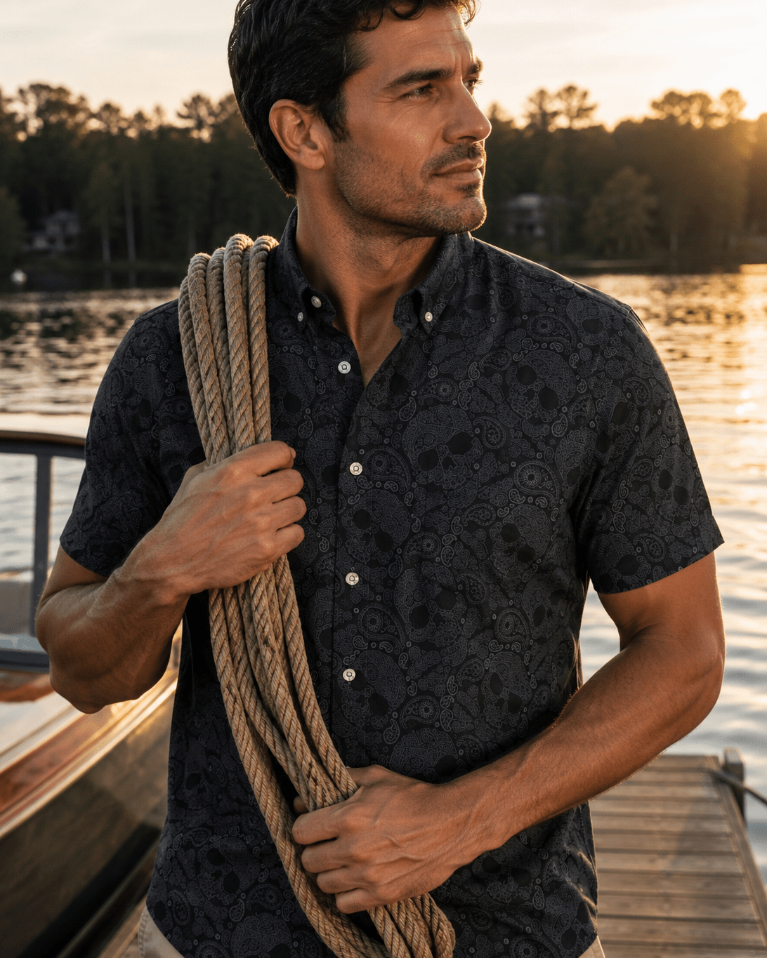 Paisley Skull Woven Shirt - Black - Buoy & Boat - Short Sleeve Performance Button Down - Black