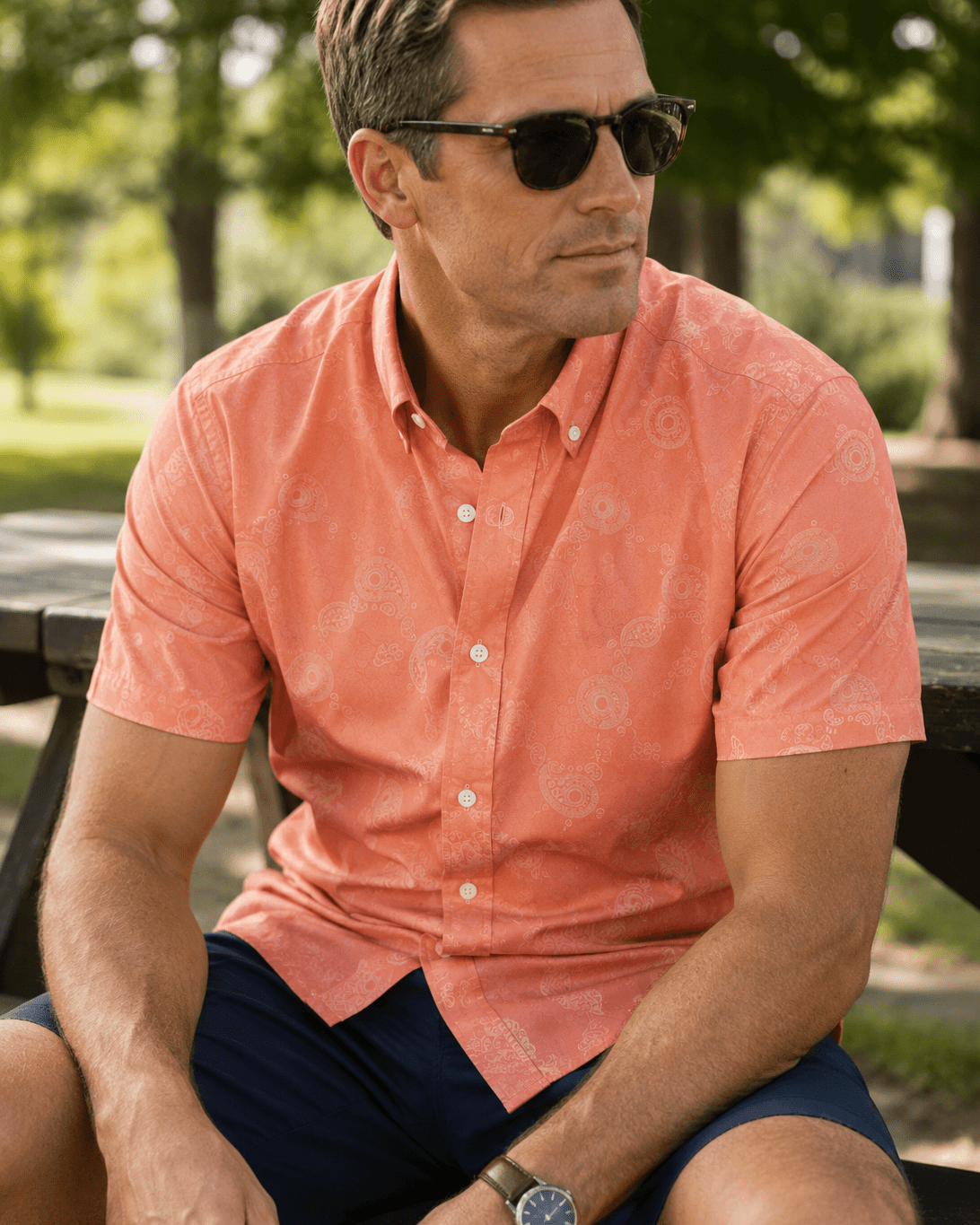 Paisley Skull Woven Shirt - Coral - Buoy & Boat - Short Sleeve Performance Button Down - Coral