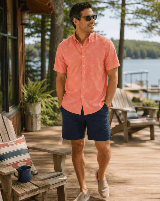 Paisley Skull Woven Shirt - Coral - Buoy & Boat - Short Sleeve Performance Button Down - Coral