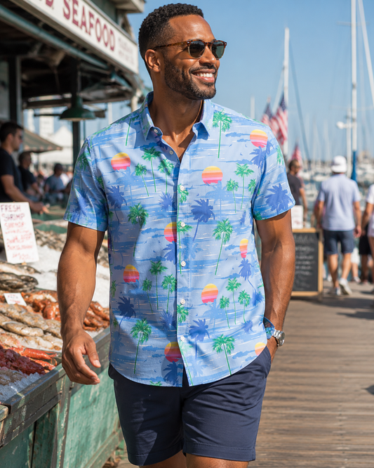 Island Paradise Woven Shirt - Blue - Buoy & Boat - Short Sleeve Performance Button Down - Blue