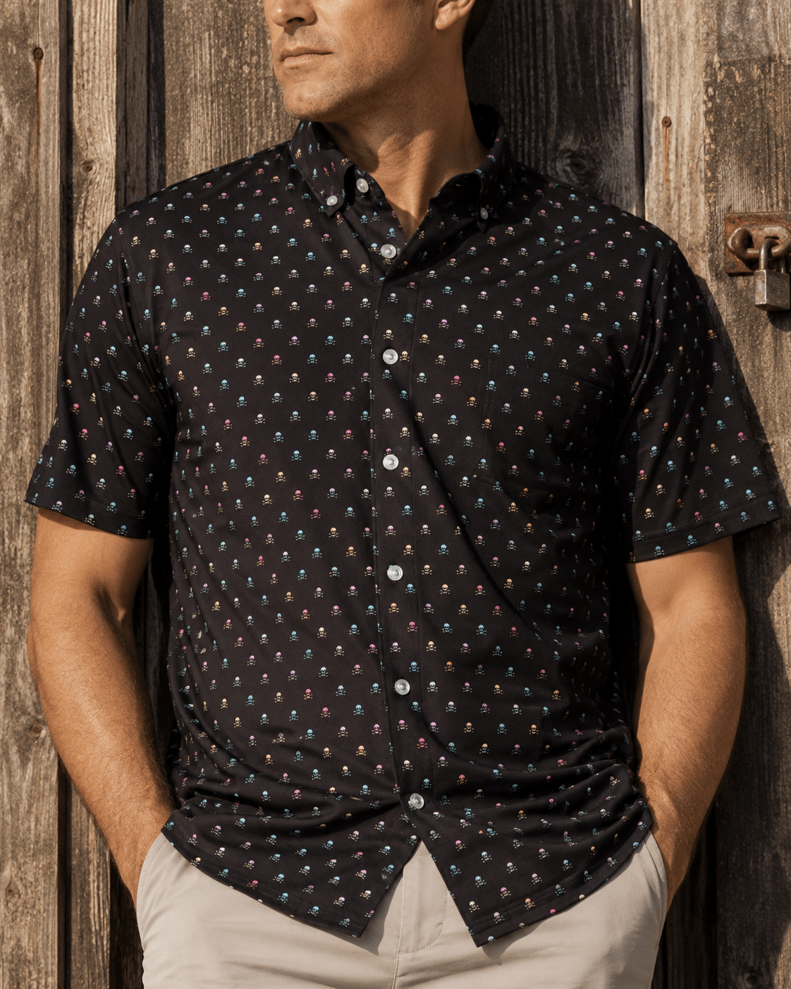 Small Skulls Woven Shirt - Black - Buoy & Boat - Short Sleeve Performance Button Down - Black