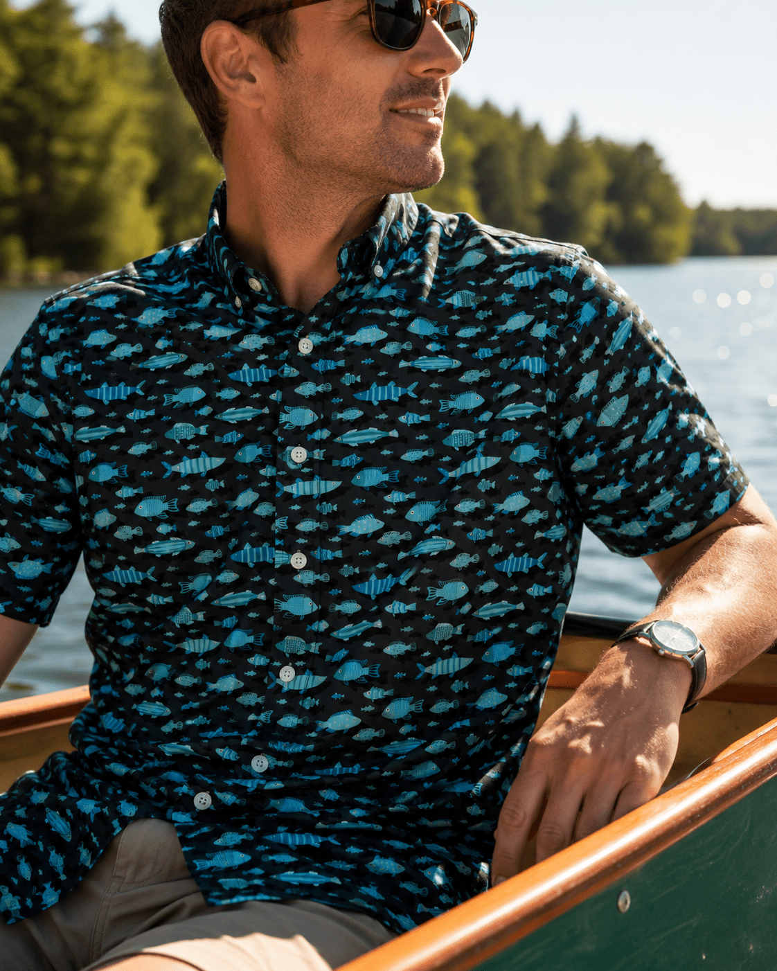 Arty Fish Woven Shirt - Aqua - Buoy & Boat - Short Sleeve Performance Button Down - Aqua