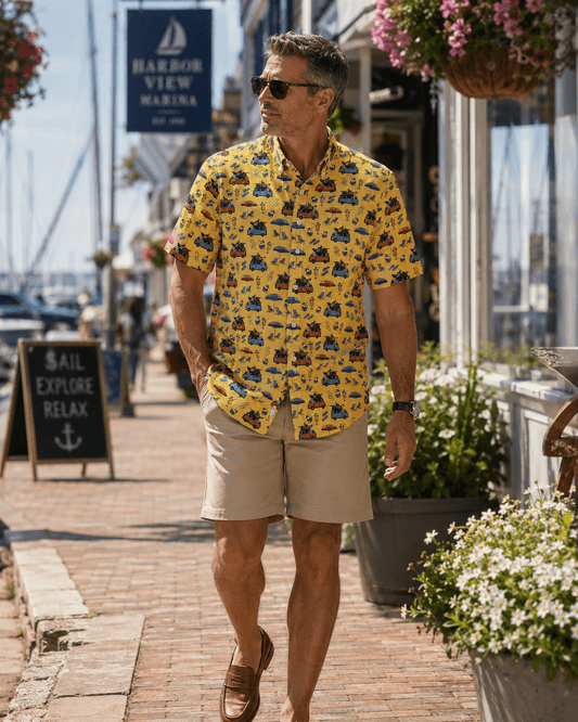 Beach Day Woven Shirt - Yellow - Buoy & Boat - Short Sleeve Performance Button Down - Yellow