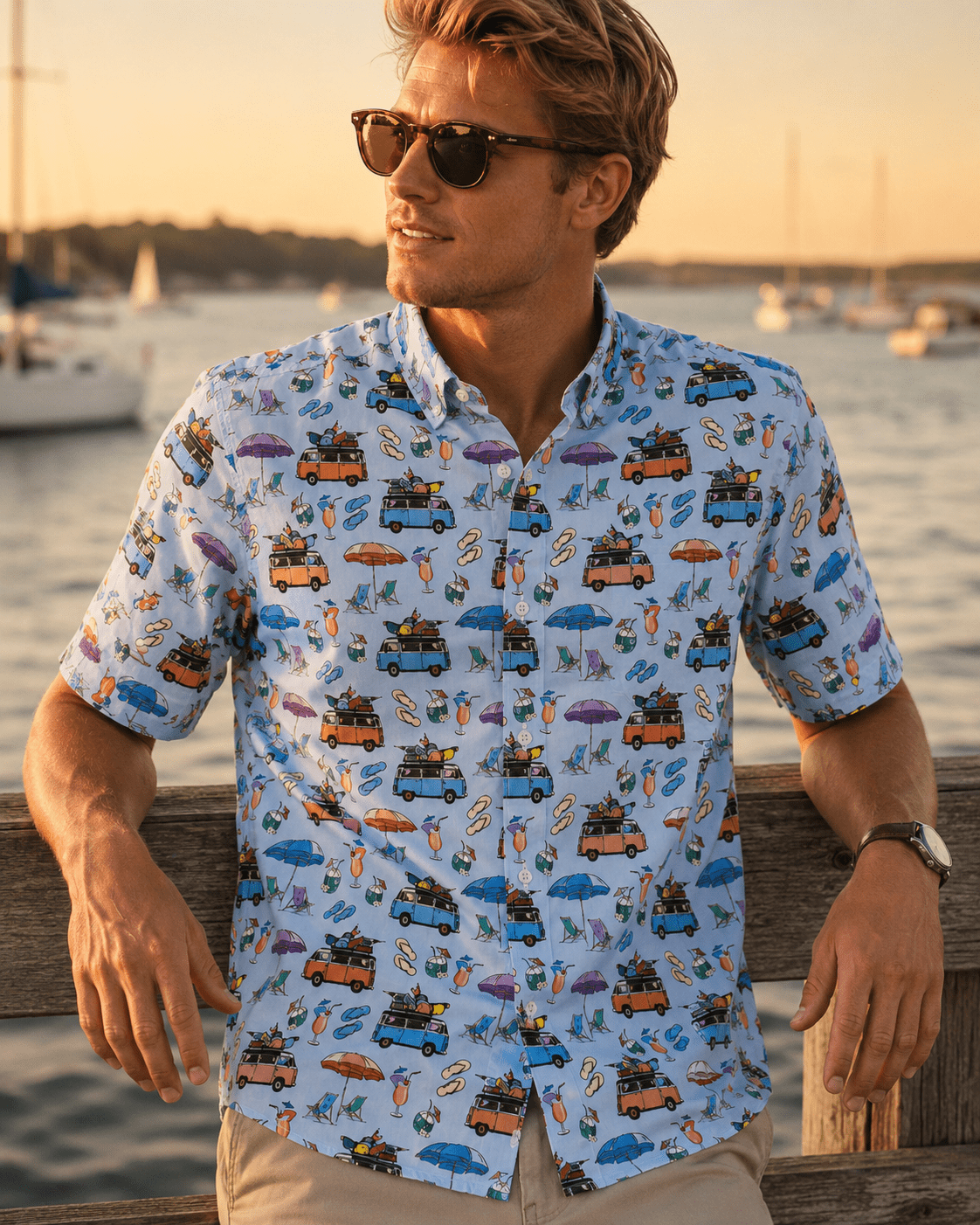 Beach Day Woven Shirt - Blue - Buoy & Boat - Short Sleeve Performance Button Down - Blue