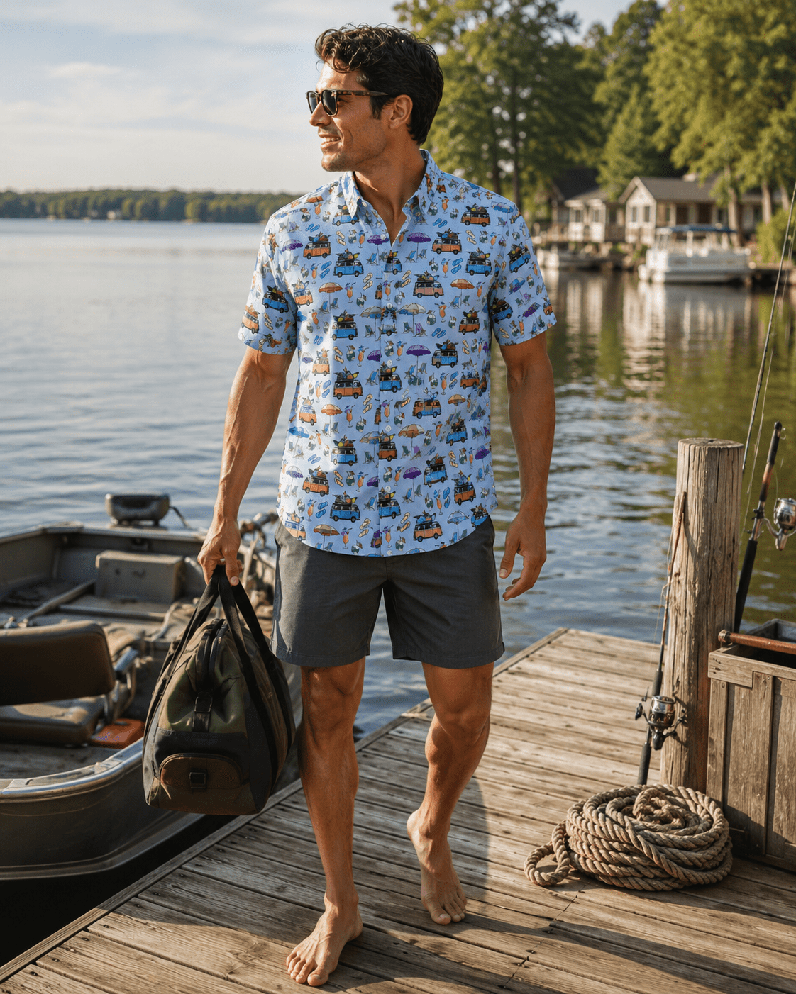 Beach Day Woven Shirt - Blue - Buoy & Boat - Short Sleeve Performance Button Down - Blue