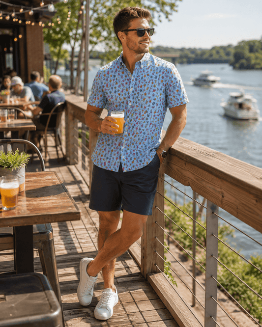 Tropical Drinks Woven Shirt - Blue - Buoy & Boat - Short Sleeve Performance Button Down - Blue
