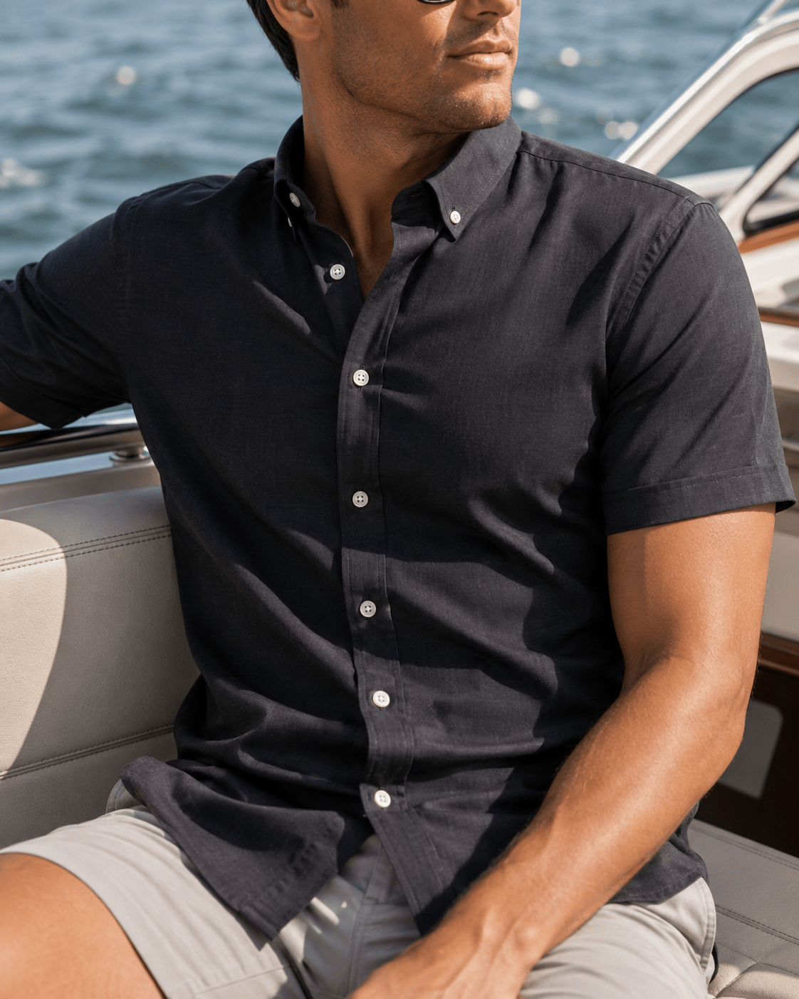 Simple Texture Woven Shirt - Black - Buoy & Boat - Short Sleeve Performance Button Down - Black