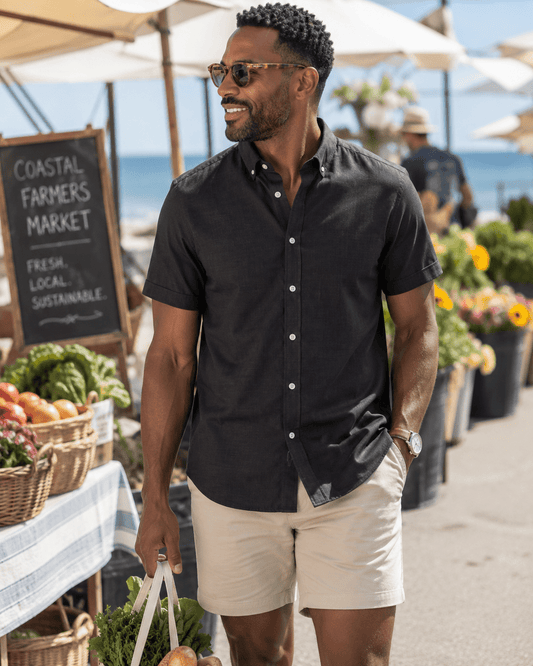 Simple Texture Woven Shirt - Black - Buoy & Boat - Short Sleeve Performance Button Down - Black