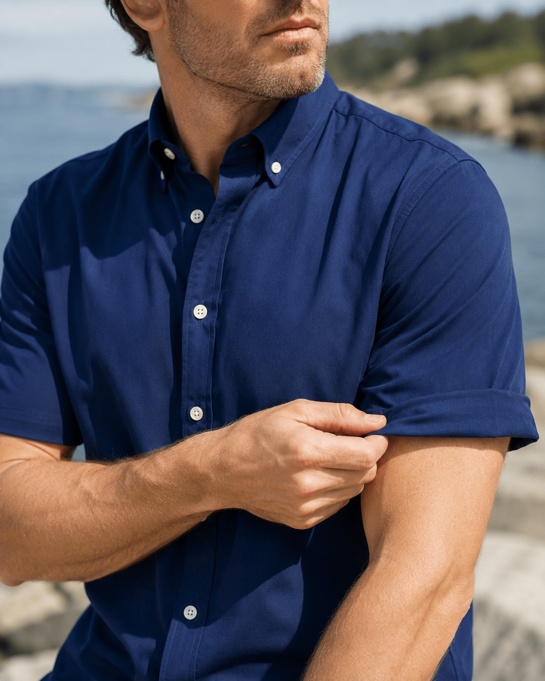 Simple Texture Woven Shirt - Navy - Buoy & Boat - Short Sleeve Performance Button Down - Navy