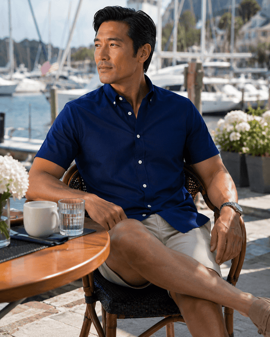 Simple Texture Woven Shirt - Navy - Buoy & Boat - Short Sleeve Performance Button Down - Navy