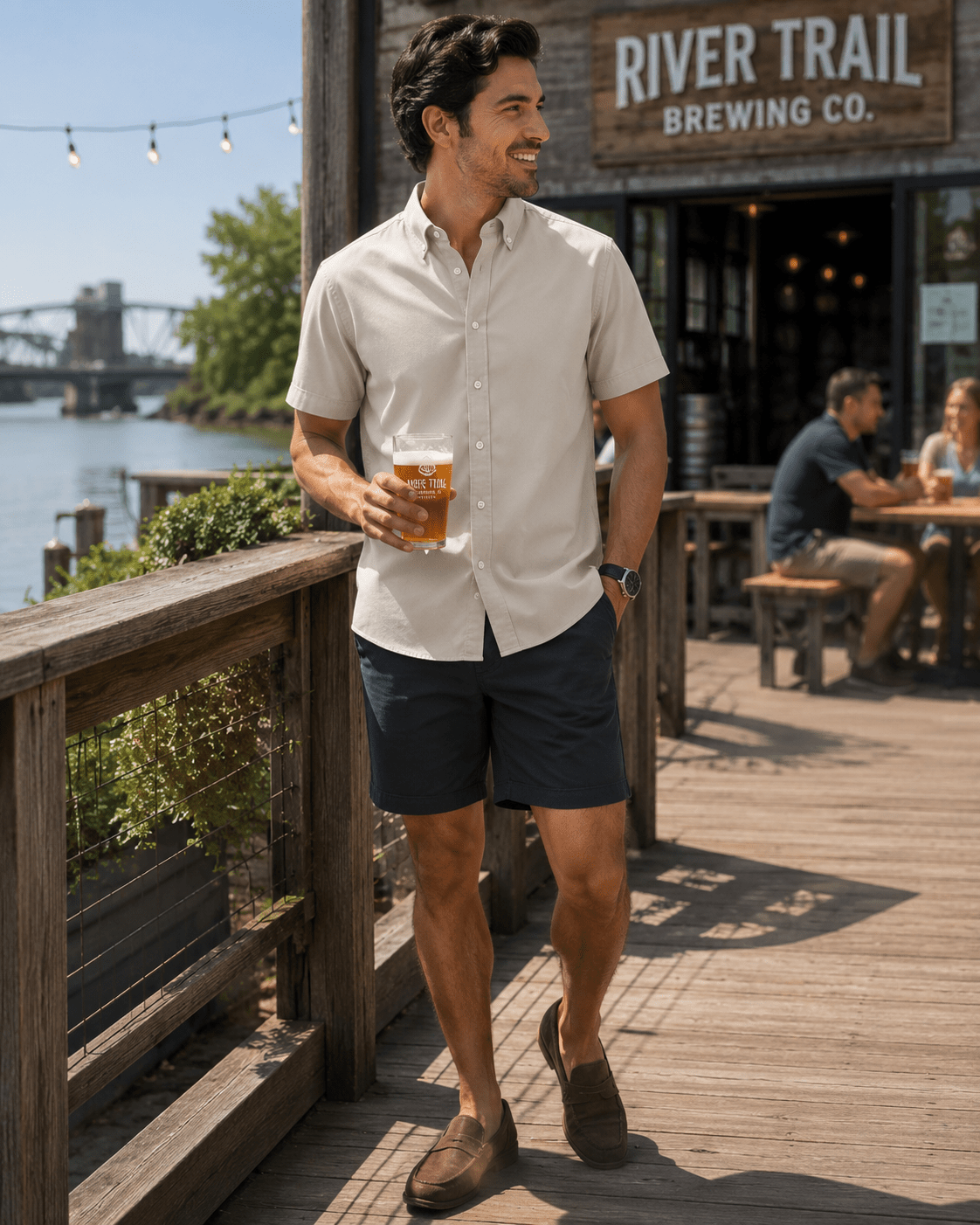 Simple Texture Woven Shirt - Beige - Buoy & Boat - Short Sleeve Performance Button Down - Beige