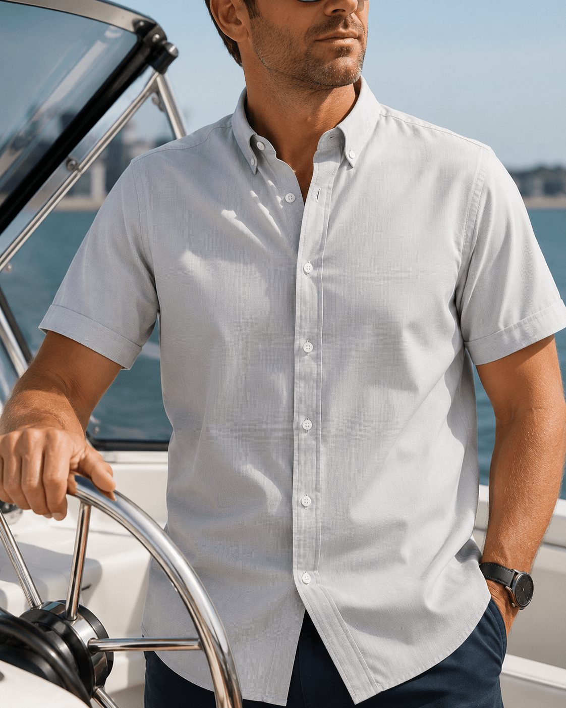 Simple Texture Woven Shirt - Silver - Buoy & Boat - Short Sleeve Performance Button Down - Silver