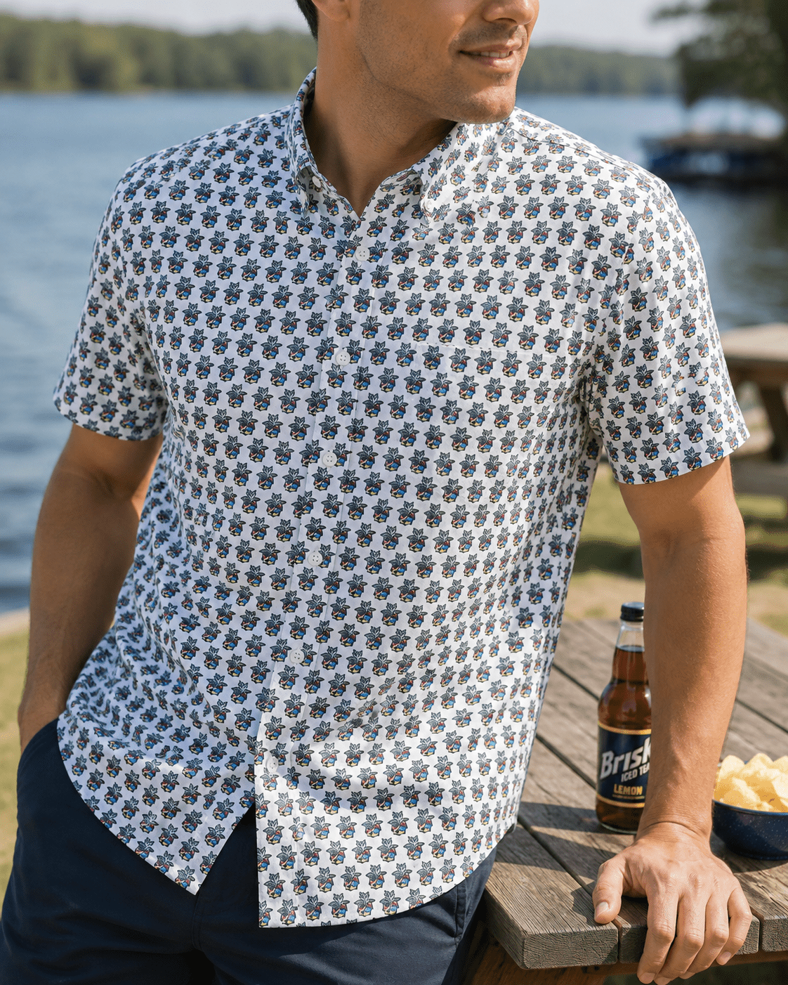 Pineapple Skull Woven Shirt - White - Buoy & Boat - Short Sleeve Performance Button Down - White