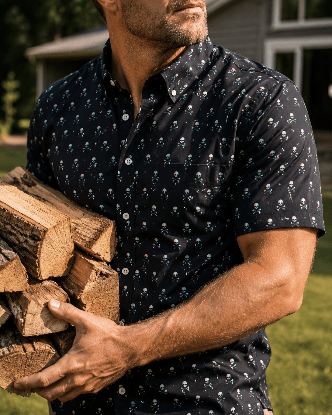 Skull & Fish Bones Woven Shirt - Black - Buoy & Boat - Short Sleeve Performance Button Down - Black