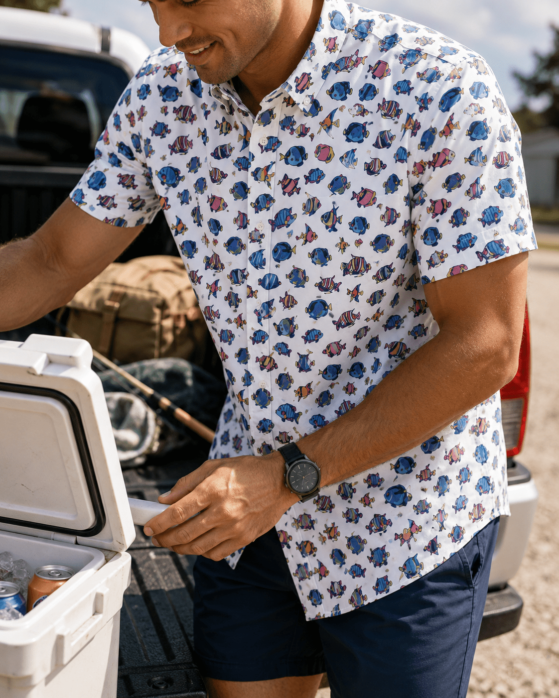 Exotic Fished Woven Shirt - White - Buoy & Boat - Short Sleeve Performance Button Down - White