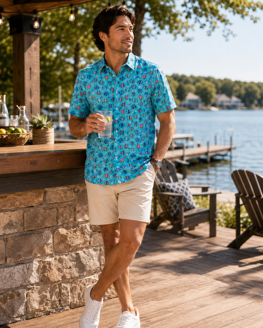 Exotic Fished Woven Shirt - Aqua - Buoy & Boat - Short Sleeve Performance Button Down - Aqua