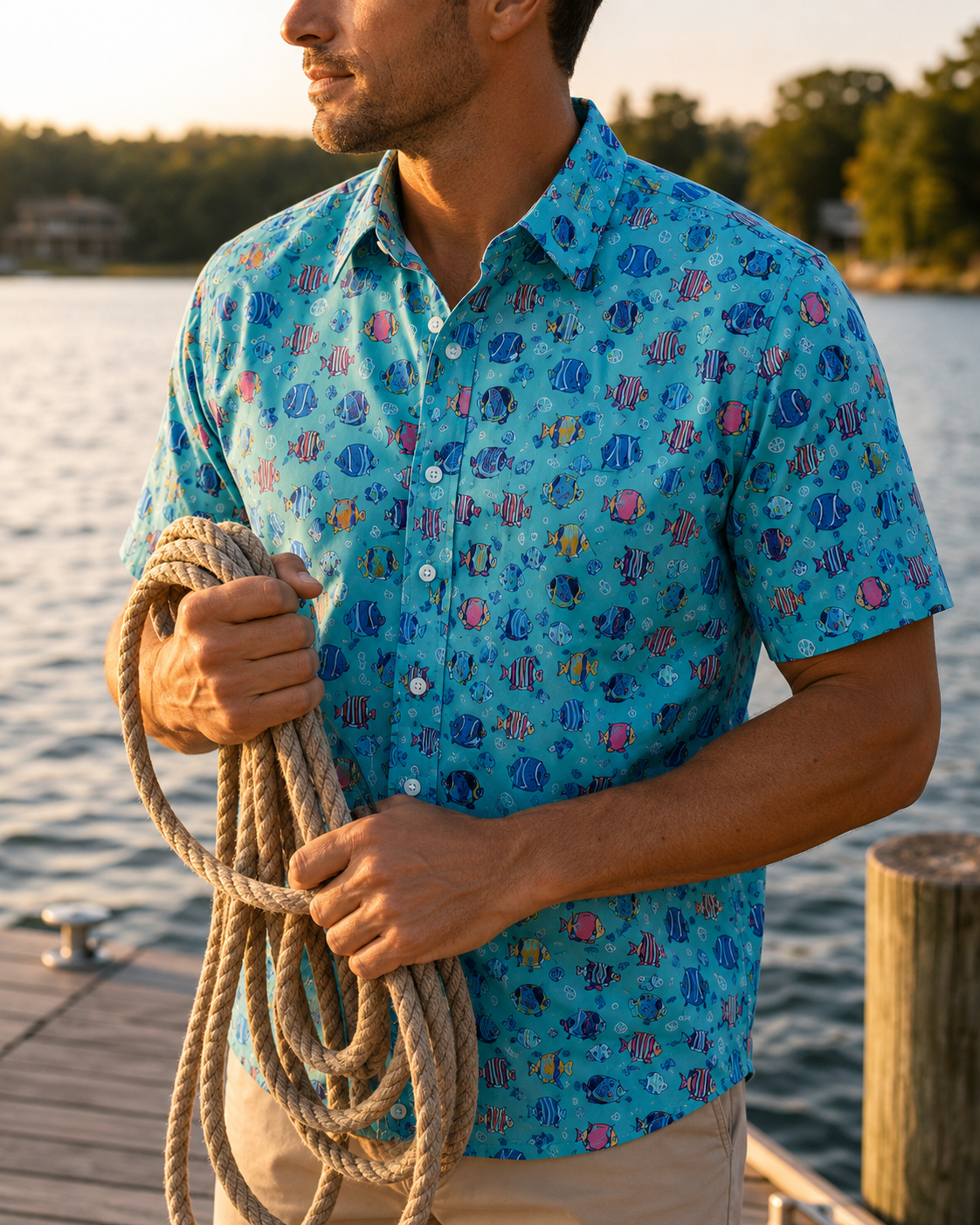Exotic Fished Woven Shirt - Aqua - Buoy & Boat - Short Sleeve Performance Button Down - Aqua