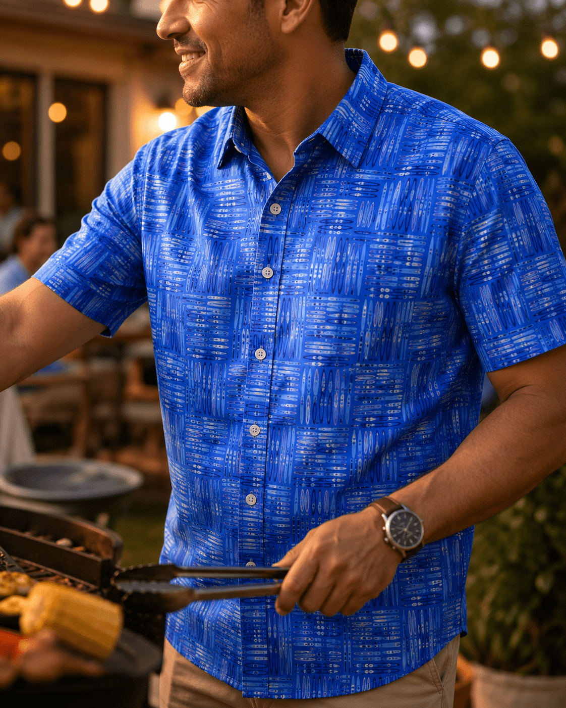 Water Skis Woven Shirt - Blue - Buoy & Boat - Short Sleeve Performance Button Down - Blue