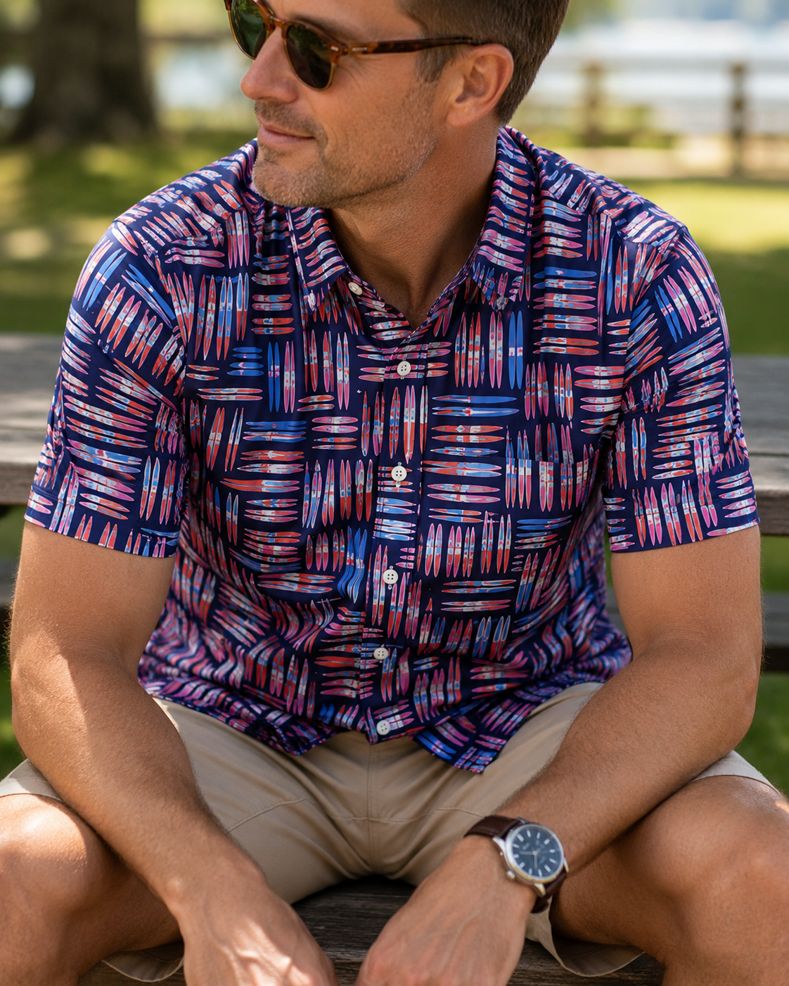 Water Skis Woven Shirt - Navy - Buoy & Boat - Short Sleeve Performance Button Down - Navy