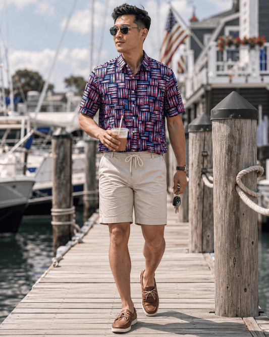 Water Skis Woven Shirt - Navy - Buoy & Boat - Short Sleeve Performance Button Down - Navy