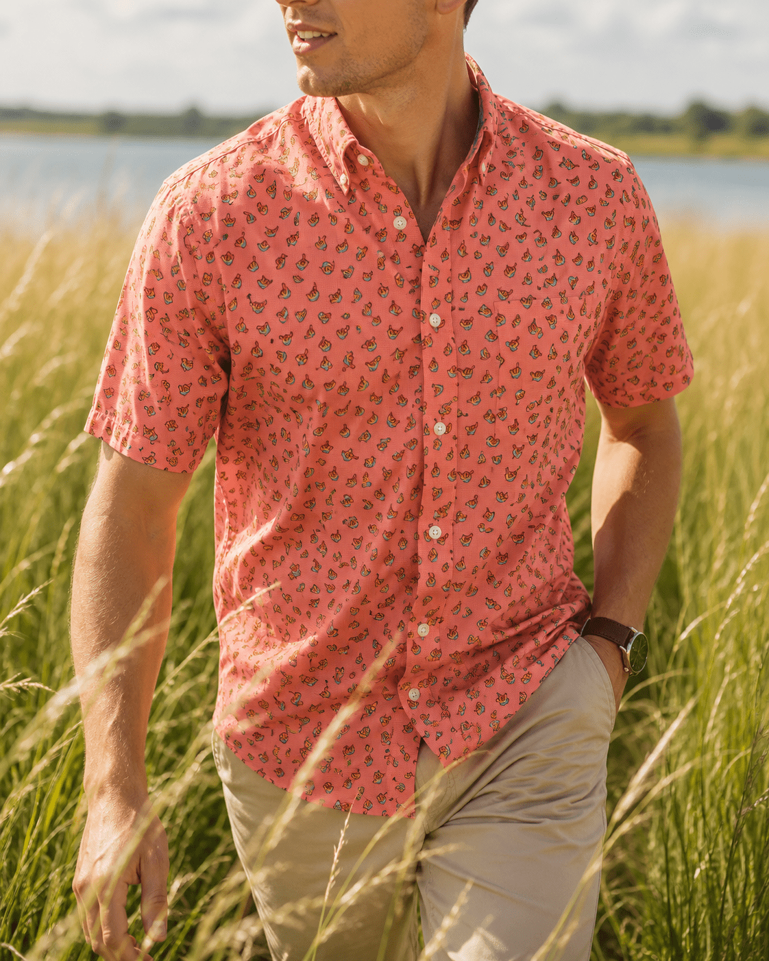 Hang Loose Woven Shirt - Coral - Buoy & Boat - Short Sleeve Performance Button Down - Coral